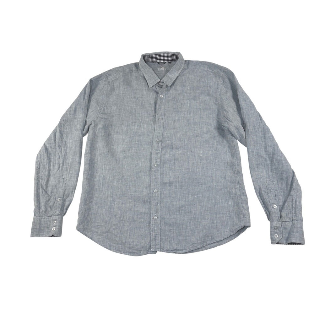 Bohio Mens XL Blue 100% Linen Long Sleeve Button Down Shirt‎ Palm Tree Logo